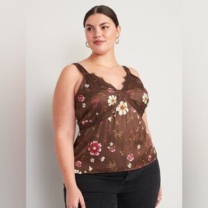 Lace-Trimmed Floral Satin Cami Top size L NWT